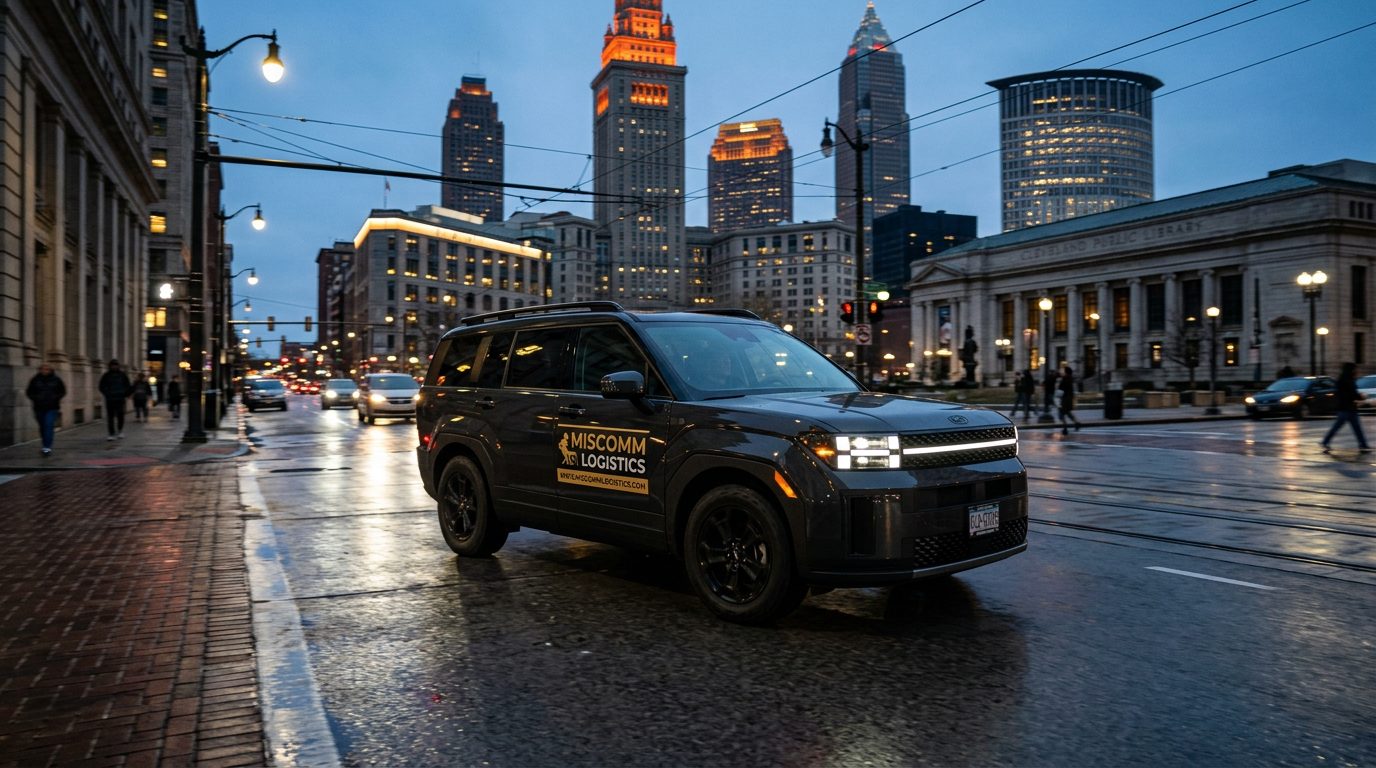 Miscomm Logistics branded 2026 Hyundai Santa Fe driving through downtown Ohio at dusk